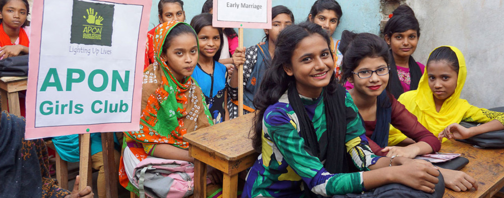 Members of GFC partner Alor Pothe Nobojatray (APON) Foundation’s Girls’ Club in Bangladesh, which encourages education and employment as viable alternatives to early marriage.