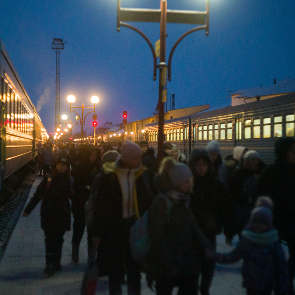 People at a train station in Ukraine