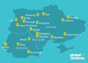 Map of GFC partner locations in Ukraine, Moldova, Romania, and Italy