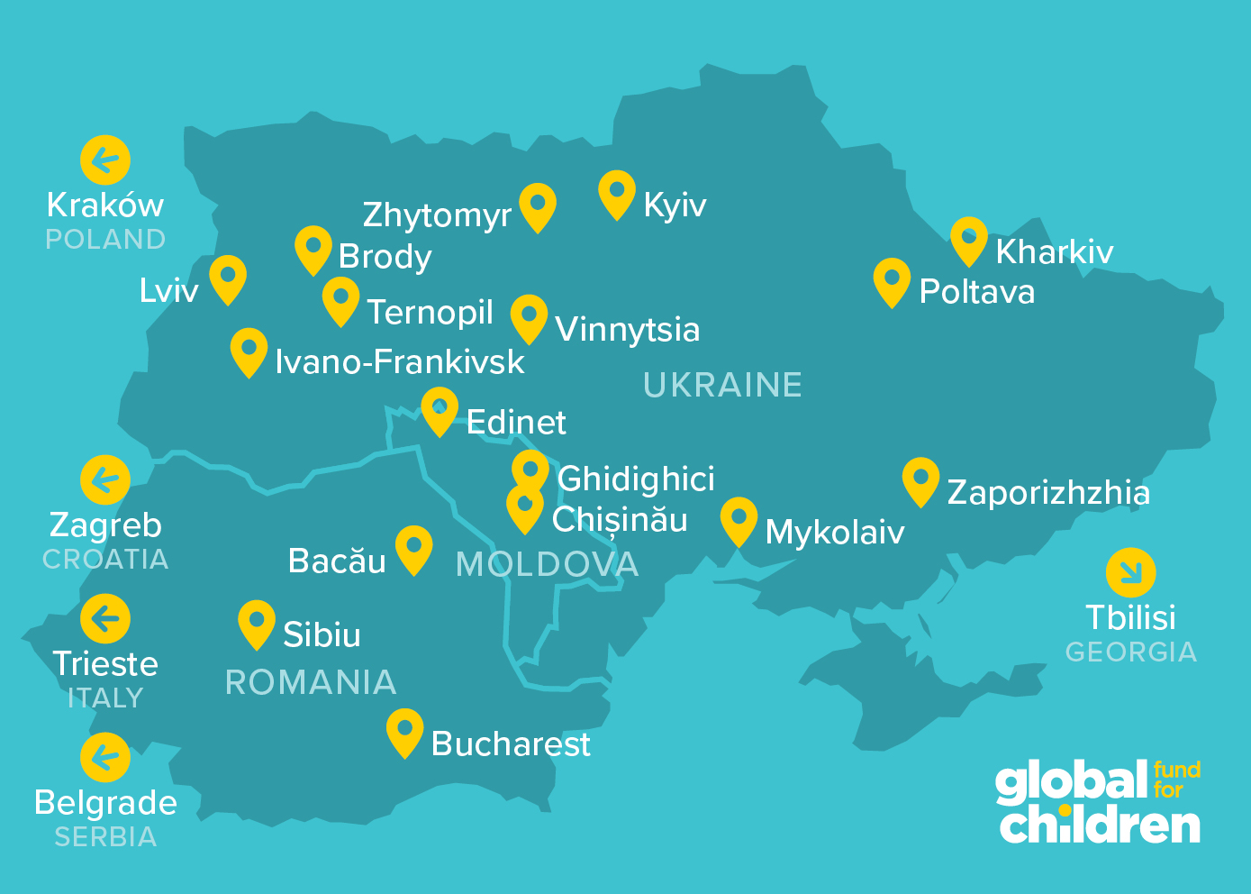 A map of GFC's partners in and around Ukraine