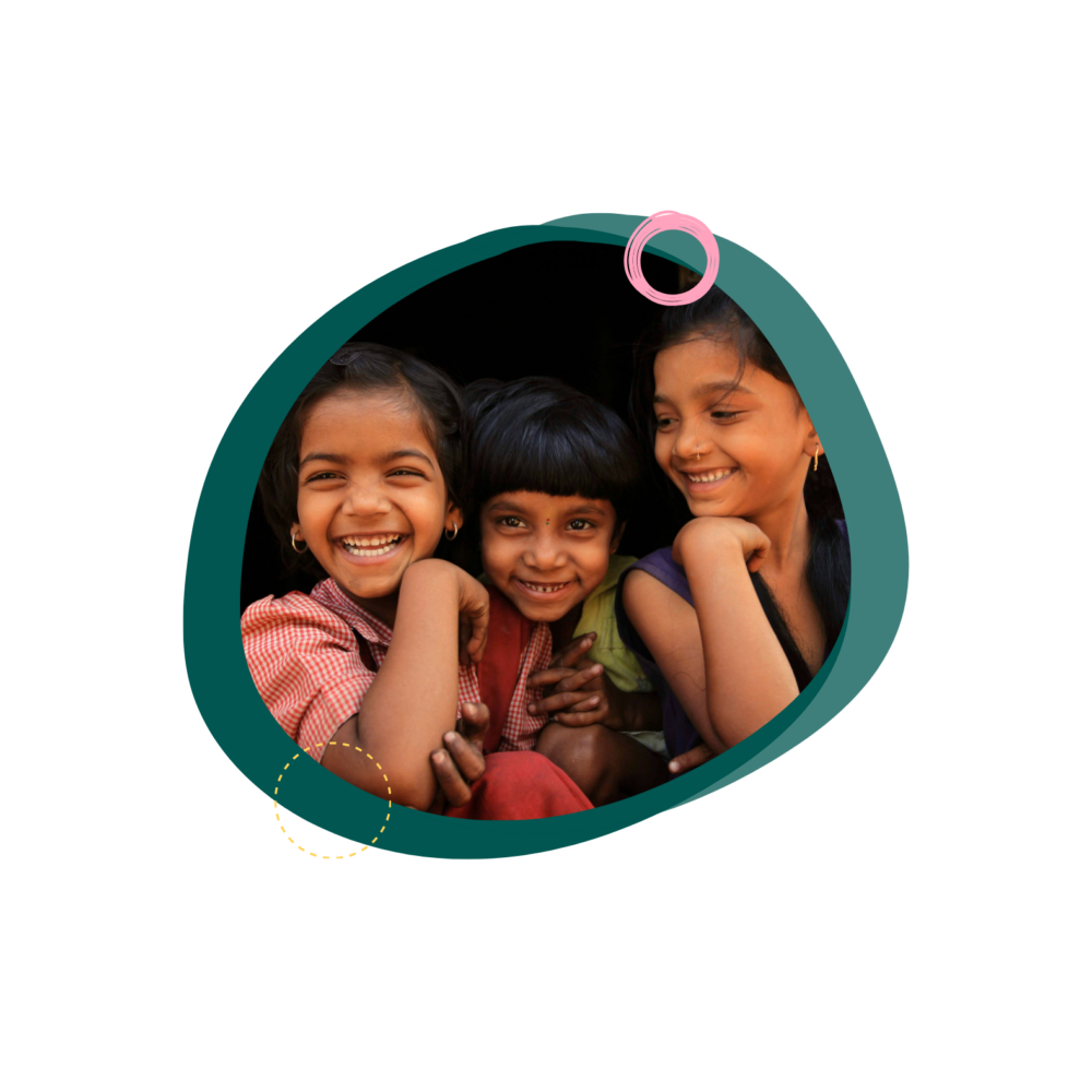 Three children smiling joyfully, surrounded by a playful, abstract green border with colorful circles.