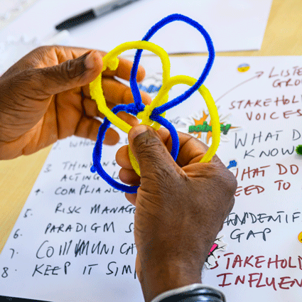 Close-up of a person’s hands holding intertwined blue and yellow pipe cleaners, with handwritten notes about stakeholder voices, risk management, and communication visible in the background.